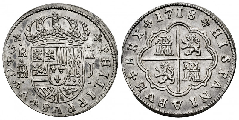 Philip V (1700-1746). 2 reales. 1718. Segovia. J. (Cal-947). Ag. 6,40 g. Aqueduc...