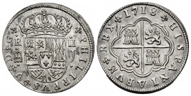 Philip V (1700-1746). 2 reales. 1718. Segovia. J. (Cal-947). Ag. 6,40 g. Aqueduct with two rows of two arches. Scarce in this grade. XF. Est...250,00....
