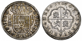 Philip V (1700-1746). 2 reales. 1719. Segovia. J. (Cal-949). Ag. 5,91 g. Aqueduct with two rows of two arches. Attractive tone. It retains some minor ...