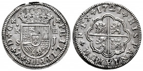 Philip V (1700-1746). 2 reales. 1721. Sevilla. J. (Cal-979). Ag. 6,39 g. Attractive old cabinet tone. A good sample. AU. Est...250,00. 

Spanish Des...