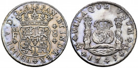 Philip V (1700-1746). 8 reales. 1745. Mexico. MF. (Cal-1468). Ag. 26,00 g. Soft tone. Slightly cleaned. Well struck. AU/XF. Est...900,00. 

Spanish ...