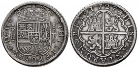 Philip V (1700-1746). 8 reales. 1727. Segovia. F. (Cal-1595). Ag. 27,40 g. Beautiful patina. Rare. Choice VF. Est...1500,00. 

Spanish Description: ...