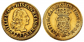 Philip V (1700-1746). 1 escudo. 1737. Madrid. JF. (Cal-1716). Au. 3,35 g. Without value indication. Slightly cleaned. Very rare date. Choice VF. Est.....