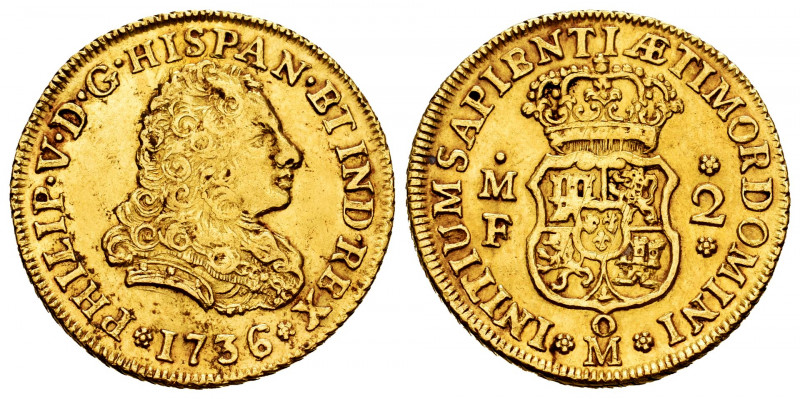 Philip V (1700-1746). 2 escudos. 1736. Mexico. MF. (Cal-1900). Au. 6,74 g. Hairl...