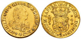Philip V (1700-1746). 4 escudos. 1746/5. Mexico. MF. (Cal-2054). Au. 13,39 g. Overdate. Used as a jewelry piece. Very rare. Choice VF. Est...2000,00. ...