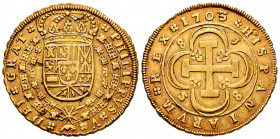 Philip V (1700-1746). 8 escudos. 1703. Sevilla. J. (Cal-2270). (Cal onza-473). Au. 26,77 g. "Cross" type. Mintmark, value 8 and assayer on reverse. Sm...
