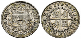 Ferdinand VI (1746-1759). 2 reales. 1758. Sevilla. JV. (Cal-343). Ag. 5,74 g. Original luster. Attractive specimen. Scarce in this condition. AU. Est....