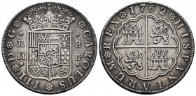 Charles III (1759-1788). 8 reales. 1762. Madrid. JP. (Cal-1061). Ag. 26,84 g. Very scarce. Choice VF. Est...1200,00. 

Spanish Description: Carlos I...