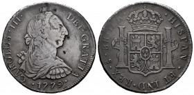 Charles III (1759-1788). 8 reales. 1779. Santiago. DA. (Cal-1213). Ag. 26,65 g. Extremely rare. Ex Gaspar de Portolà Collection, 29/11/2012, lot 105. ...