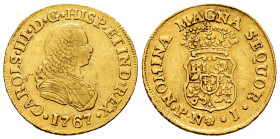 Charles III (1759-1788). 2 escudos. 1767. Popayán. J. (Cal-1618). (Restrepo-58.10). Au. 6,67 g. Bust of Ferdinand VI. Very scarce. Choice VF. Est...40...