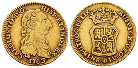 Charles III (1759-1788). 2 escudos. 1763. Santa Fe de Nuevo Reino. JV. (Cal-1674). (Restrepo-60-4). Au. 6,64 g. "Rat nose" type. Very rare. Ex Iriarte...