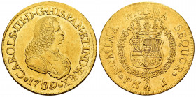 Charles III (1759-1788). 8 escudos. 1769/7. Popayán. J. (Cal-2033). (Cal onza-796). (Restrepo-70-13). Au. 27,03 g. Bust of Ferdinand VI. Minor nicks a...