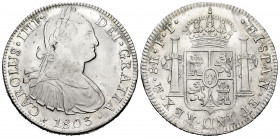 Charles IV (1788-1808). 8 reales. 1803. Mexico. FT. (Cal-977). Ag. 26,89 g. Original luster. A good sample. AU. Est...350,00. 

Spanish Description:...