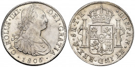 Charles IV (1788-1808). 8 reales. 1805. Mexico. TH. (Cal-983). Ag. 26,96 g. Minor hairlines. It retains some minor luster. Scarce in this grade. XF. E...