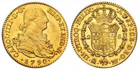 Charles IV (1788-1808). 2 escudos. 1790. Madrid. MF. (Cal-1275). Au. 6,79 g. Hairline on obverse. It retains some minor luster. Scarce in this grade. ...