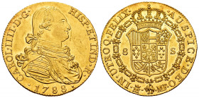 Charles IV (1788-1808). 8 escudos. 1788. Madrid. MF. (Cal-1617). (Cal onza-1008). Au. 27,05 g. First year. Scratch on obverse. Minor nick on edge. Ple...