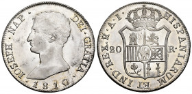 Joseph Napoleon (1808-1814). 20 reales. 1810. Madrid. AI. (Cal-37). Ag. 26,73 g. Some original luster remaining. AU. Est...750,00. 

Spanish Descrip...