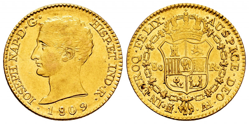 Joseph Napoleon (1808-1814). 80 reales. 1809. Madrid. AI. (Cal-47). Au. 6,74 g. ...
