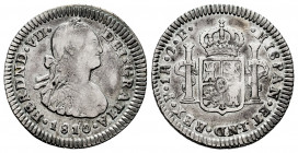 Ferdinand VII (1808-1833). 1 real. 1810. Popayán. JF. (Cal-630). (Restrepo-111.3). Ag. 3,36 g. Bust of Charles IV. Minor scratches on obverse. Rare. A...