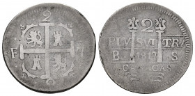 Ferdinand VII (1808-1833). 2 reales. 1817. Caracas. BS. (Cal-728). Ag. 4,74 g. Lions and castles. First year of the series. Minted with the new machin...