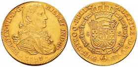 Ferdinand VII (1808-1833). 8 escudos. 1811/0. Mexico. HJ. (Cal-1784). (Cal onza-1256). Au. 27,00 g. Imaginary bust. Weakly struck but visible overdate...