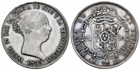 Elizabeth II (1833-1868). 20 reales. 1850. Sevilla. RD. (Cal-624). Ag. 25,90 g. Scratch on obverse. Cleaned obverse. Graffiti on reverse. It retains s...