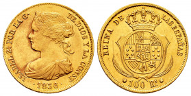 Elizabeth II (1833-1868). 100 reales. 1856. Sevilla. (Cal-766). Au. 8,45 g. Minor scratches. Rare. XF/AU. Est...700,00. 

Spanish Description: Isabe...
