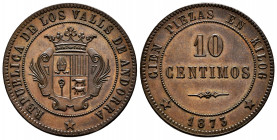 Centenary of the Peseta (1868-1931). I Republic. 10 centimos. 1873. Andorra. (Cal-2). Ae. 7,45 g. Rare. AU. Est...600,00. 

Spanish Description: Cen...