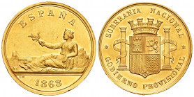 Centenary of the Peseta (1868-1931). Provisional Government (1868-1871). Gold medal. 1868. (Cal-37). (Vq-14373 var. in gold). Au. 44,32 g. Gold medal ...