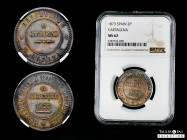 Centenary of the Peseta (1868-1931). 2 pesetas. 1873. Cartagena (Murcia). (Cal-2). Ag. 9,76 g. Minted in Brussels by Mening Frères. Striated edge. Bea...