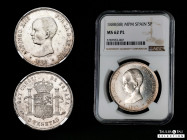Centenary of the Peseta (1868-1931). Alfonso XIII (1886-1931). 5 pesetas. 1888-18-88. Madrid. MPM. (Cal-92). Ag. 25,14 g. Prooflike. Slabbed by NGC as...