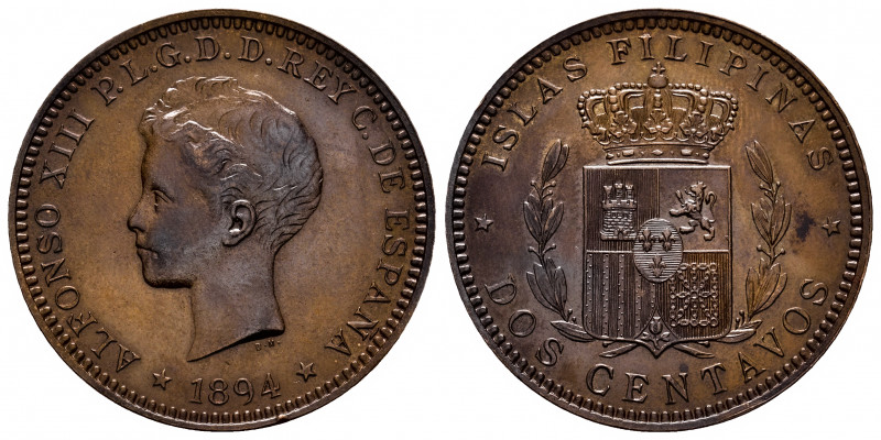 Centenary of the Peseta (1868-1931). Alfonso XIII (1886-1931). 2 centavos. 1894....