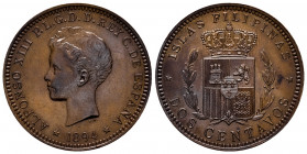 Centenary of the Peseta (1868-1931). Alfonso XIII (1886-1931). 2 centavos. 1894. Manila. (Kr. Deluxe ANA Centennial Edition Pn10). (Cal-121). (Cal 200...