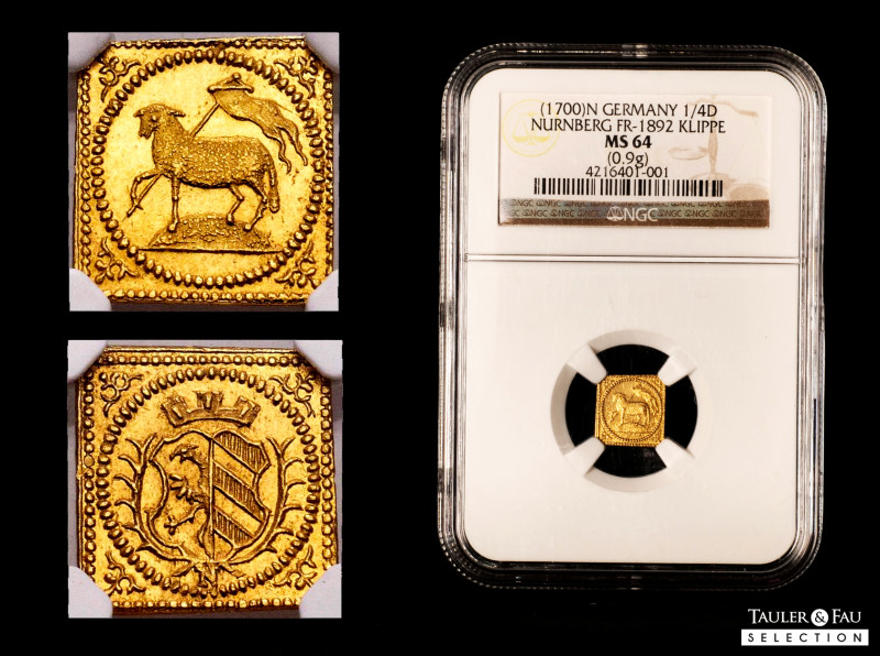 Germany. Nurnberg. 1/4 Ducat Klippe. ND (1700). (Km-253). (Fr-1892). Au. Slabbed...