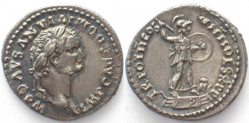 DOMITIAN. AR Denarius 83 AD, Minerva on rostral column, AU!
RIC 36a, BMCRE 41, ...