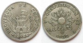 ARGENTINA - CORDOBA. 4 Reales 1852, French type sun face, silver RARE! aXF!