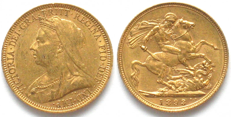 AUSTRALIA. Sovereign 1893 S, Sydney mint, Victoria, veiled head, first year issu...