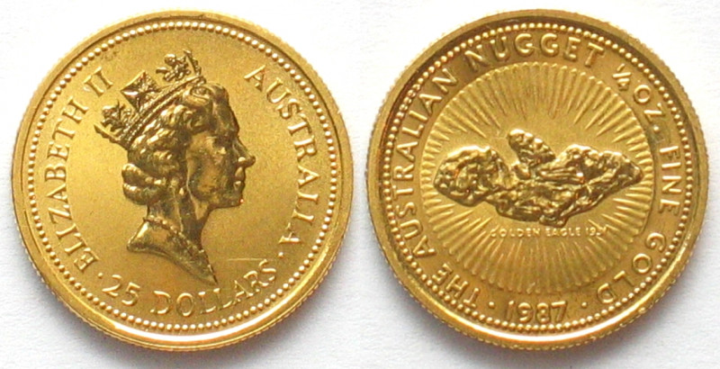 AUSTRALIA. 25 $ 1987 Golden Eagle, Australian Nugget, gold, 1/4 oz 
Gold 7.78g ...