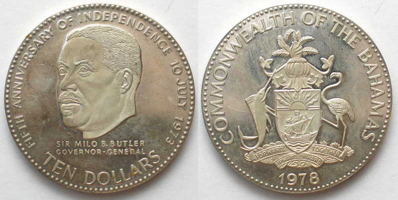 BAHAMAS. 10 Dollars 1978, Sir Milo B. Butler, silver, Pattern without rim border...