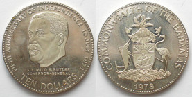 BAHAMAS. 10 Dollars 1978, Sir Milo B. Butler, silver, Pattern without rim border, Proof (standard coin also included!)
