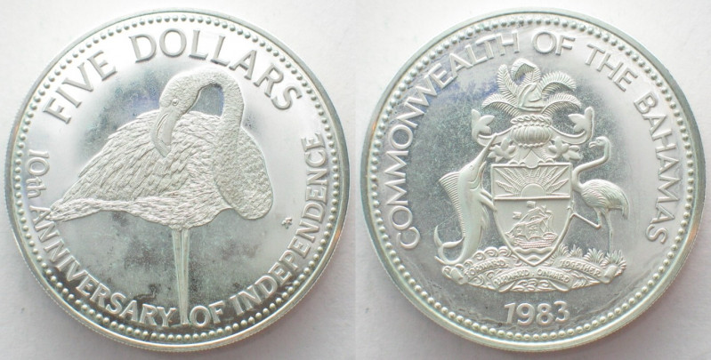 BAHAMAS. 5 Dollars 1983, Flamingo, 10th Anniversary of Independence, silver, Pro...