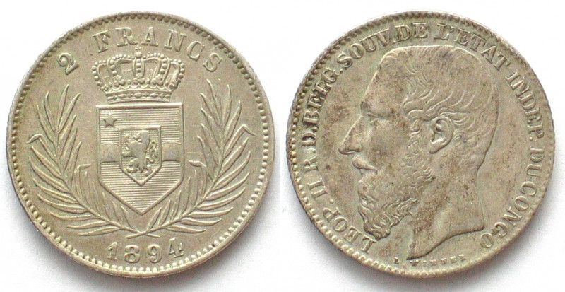 BELGIAN CONGO. 2 Francs 1894, Leopold II, silver XF/AU!
KM 7.