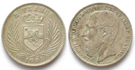 BELGIAN CONGO. 2 Francs 1894, Leopold II, silver XF/AU!