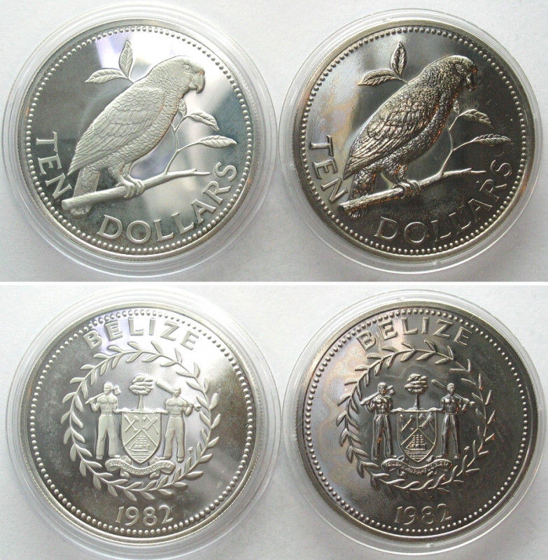 BELIZE. 10 Dollars 1982 FM, Amazon Parrot, Cu-Ni Prooflike and silver Proof (2)....