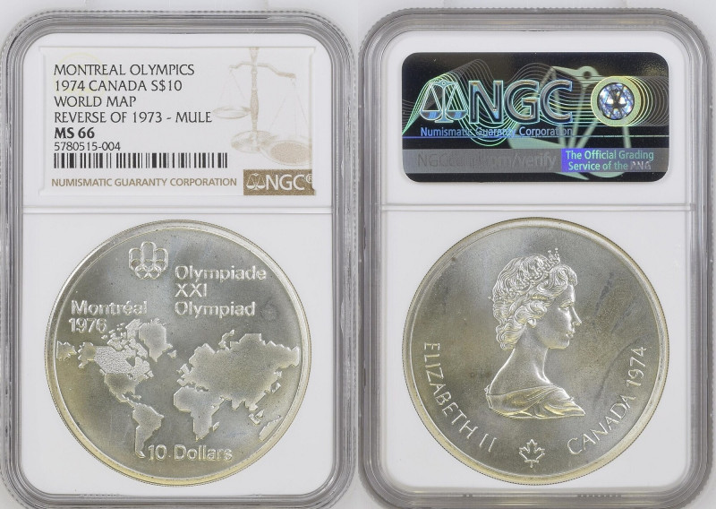 CANADA - MULE ERROR 10 Dollars 1974, World map, Olympics Montreal, silver NGC MS...