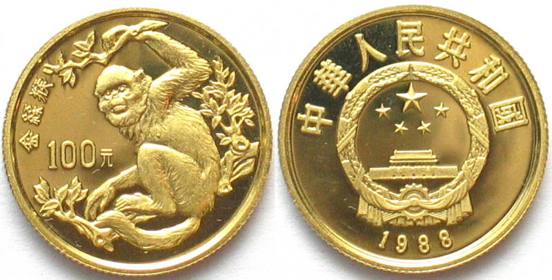 CHINA. 100 Yuan 1988, Monkey, gold, Proof
KM # 214, gold 8g (0.917)