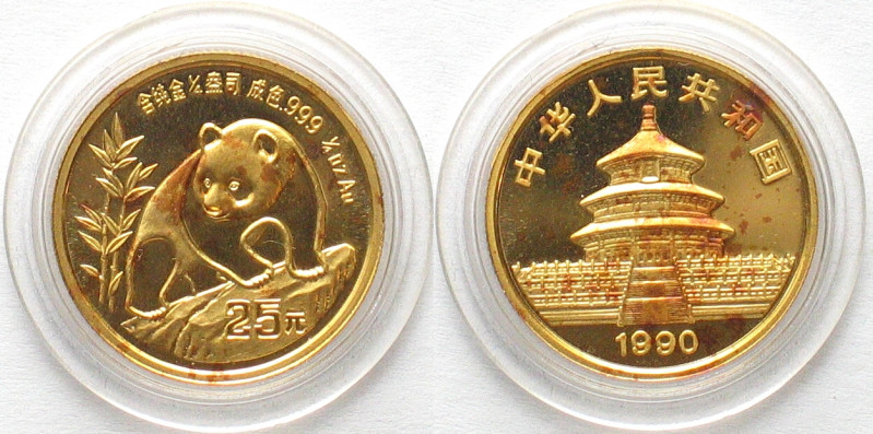 CHINA. 25 Yuan 1990, 1/4 oz gold Panda, BU
Red spots as depicted