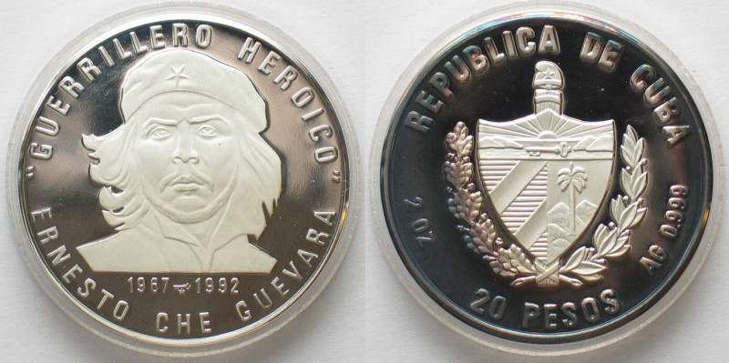 CUBA. 20 Pesos 1992, Ernesto Che Guevara, silver, 2 oz Proof! RARE!
KM # 532. R...