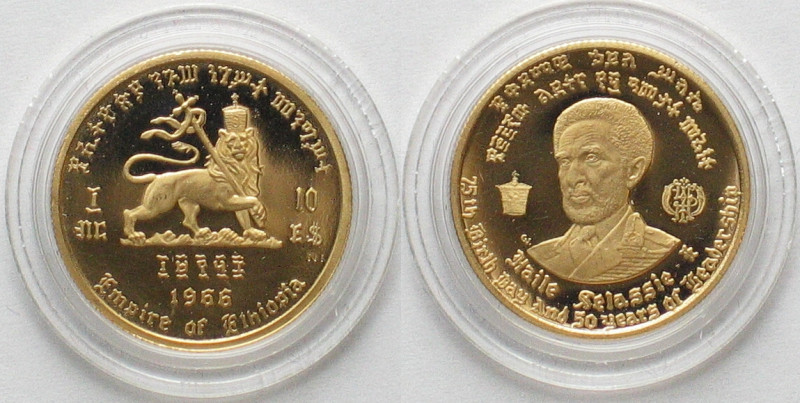 ETHIOPIA. 10 Dollars 1966, Haile Selassie, gold, Proof
KM # 52. Gold 4g (0.900)...