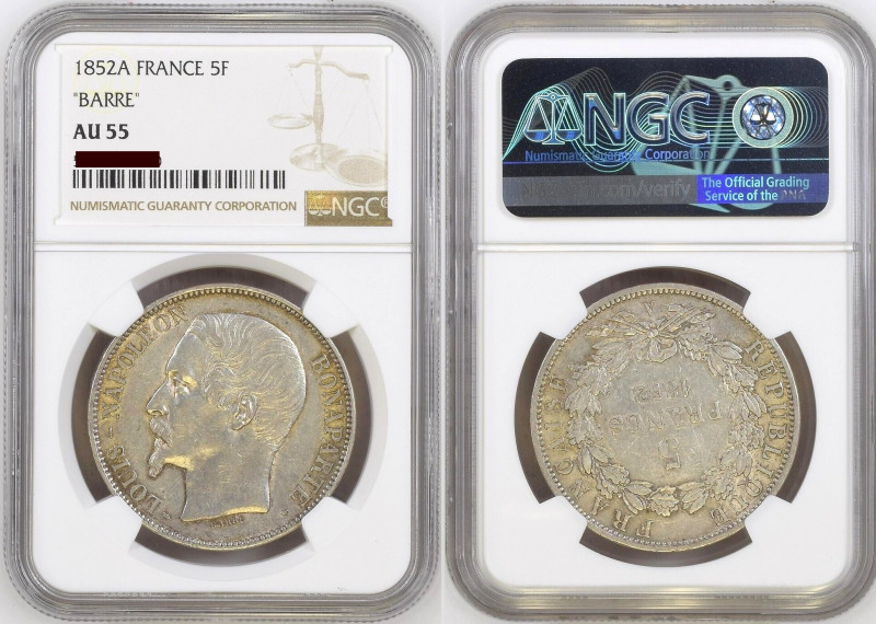 FRANCE. 5 Francs 1852 A, Louis-Napoleon Bonaparte, silver, extremely rare variet...